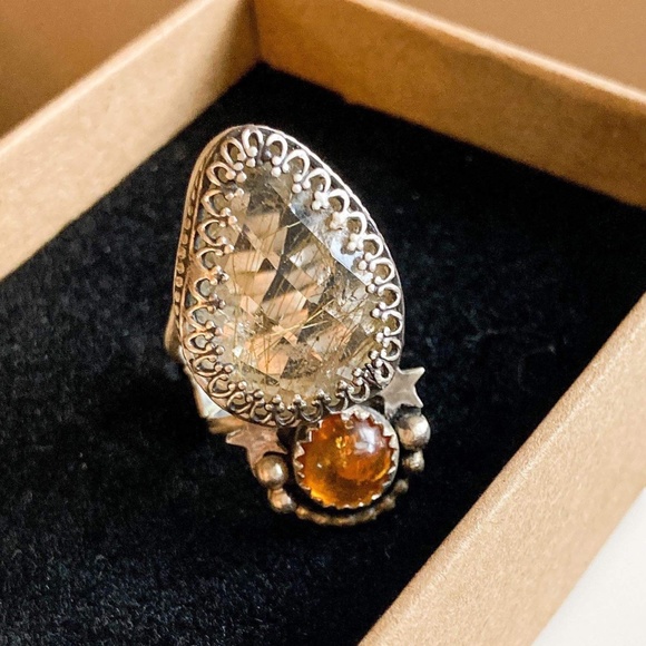 Manifest Statement Ring - Golden Rutilated Quartz and Amber - Picture 1 of 7